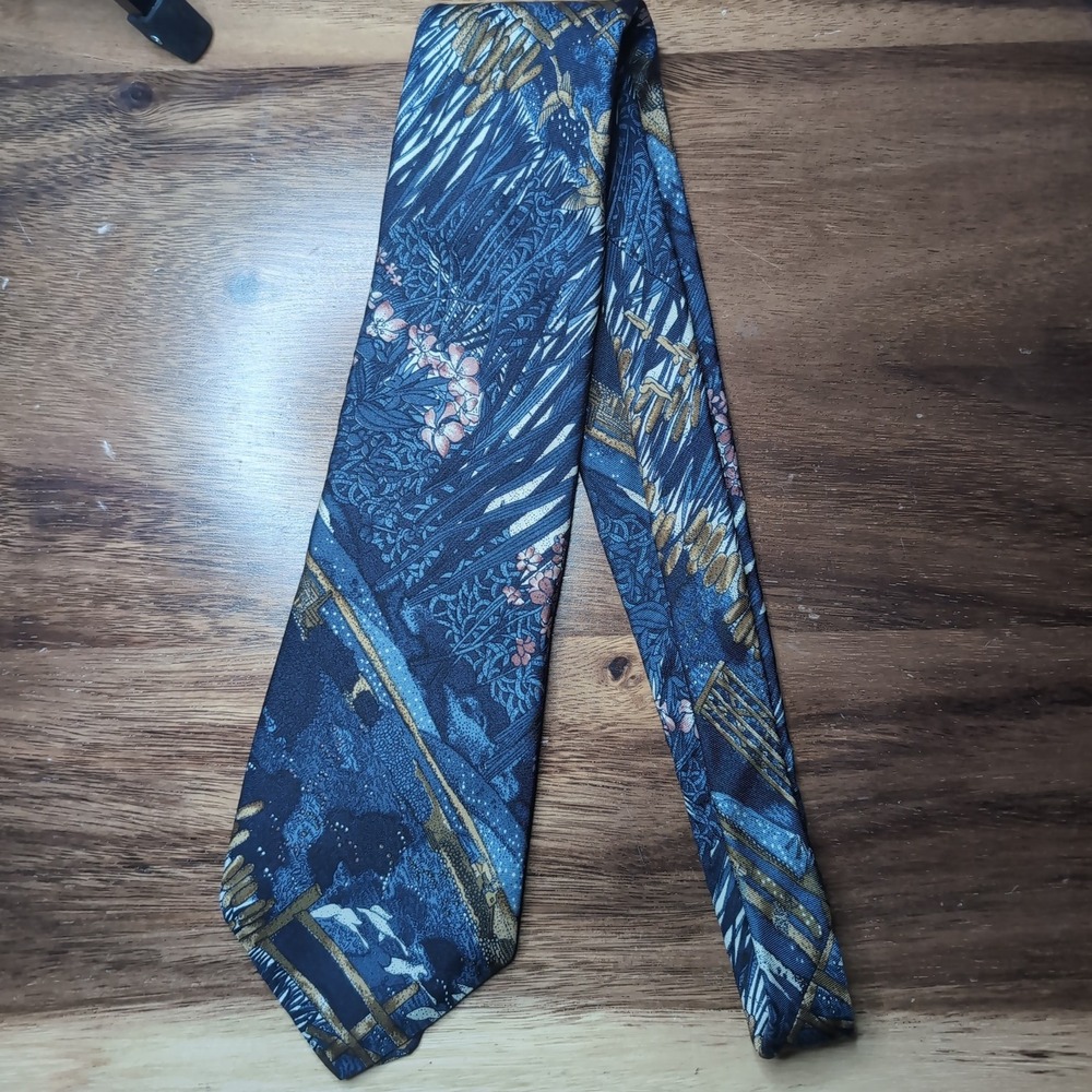 Pierre Cardin Mens Silk Tie Blue Japanese Landscape Print Vintage Liberty House